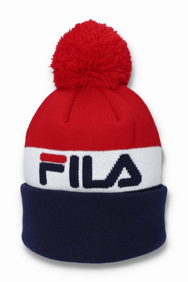 Red / White / Navy Fila Kato Jacquard Pom Women Beanie | 9487MZYIK