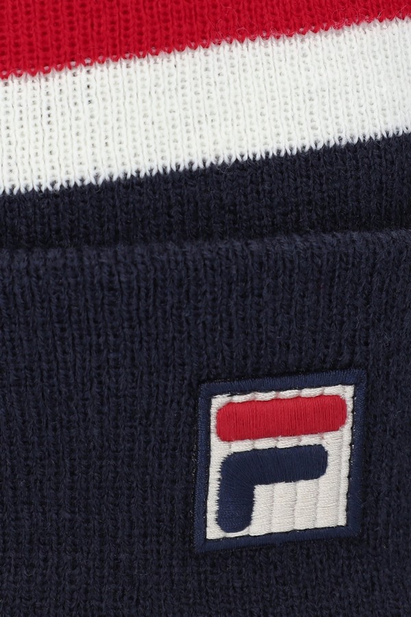 Red / White / Navy Fila Linus Stripe Flat Knit Men Beanie | 5931HVZNU