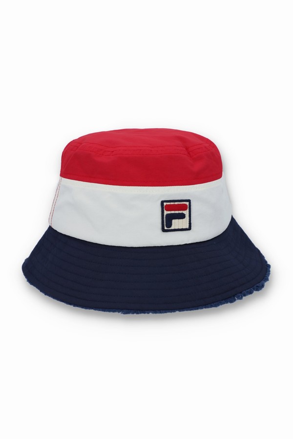 Red / White / Navy Fila Reeds Sherpa Lined Tri-Colour Bucket Women Hats | 2381BLYOW