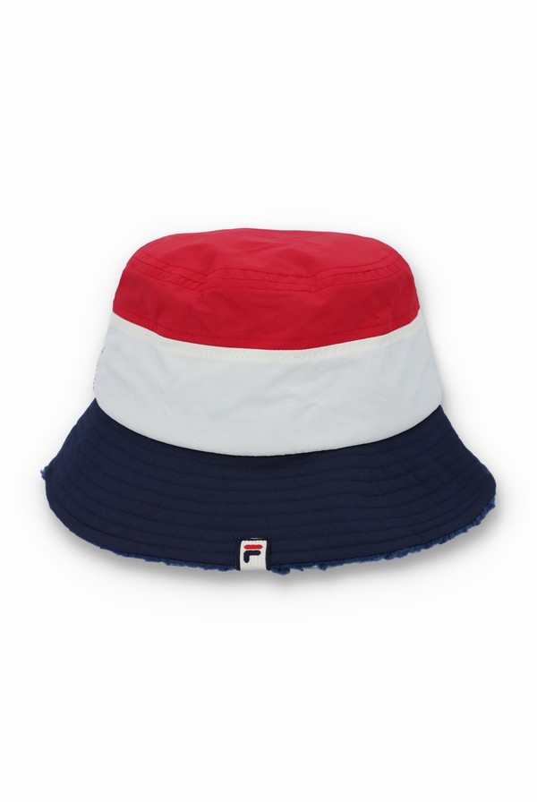 Red / White / Navy Fila Reeds Sherpa Lined Tri-Colour Bucket Women Hats | 2381BLYOW