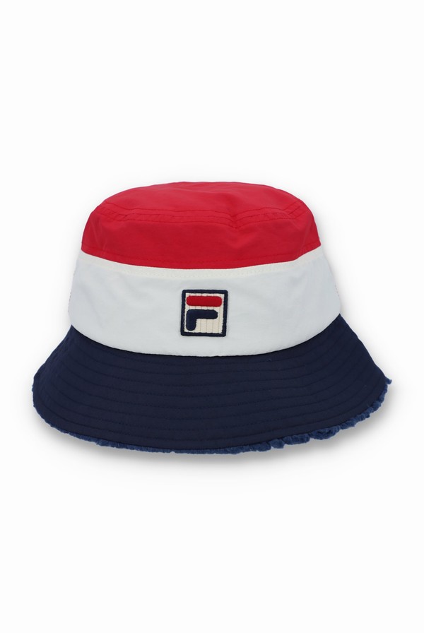 Red / White / Navy Fila Reeds Sherpa Lined Tri-Colour Bucket Women Hats | 2381BLYOW