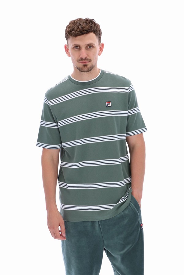 White Fila Chapman Yarn Dye Striped Men T-shirts | 9372GXLNR