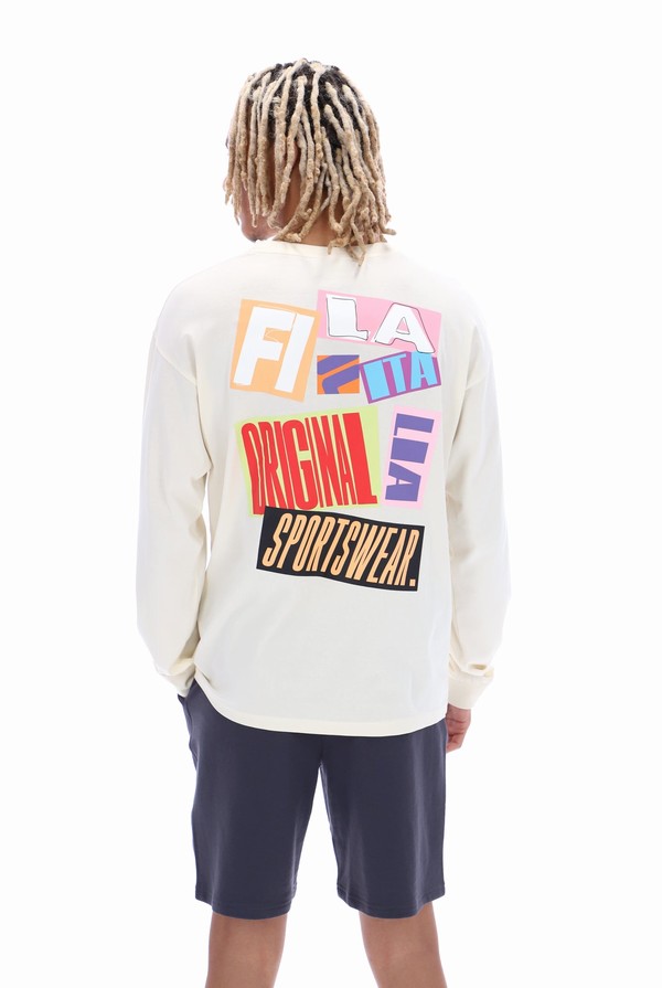 White Fila Dylan Graphic Long Sleeve Men T-shirts | 8201XAYMI