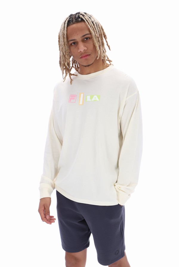 White Fila Dylan Graphic Long Sleeve Men T-shirts | 8201XAYMI