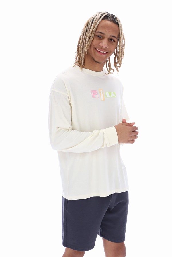 White Fila Dylan Graphic Long Sleeve Men T-shirts | 8201XAYMI