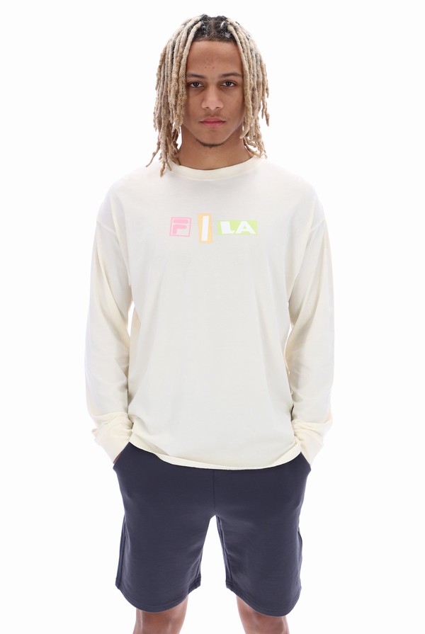 White Fila Dylan Graphic Long Sleeve Men T-shirts | 8201XAYMI