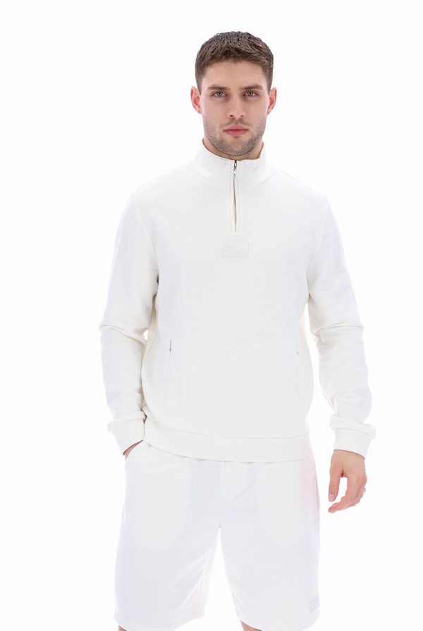 White Fila Raffy 1/4 Zip Men Sweatshirts | 2814IDMVA