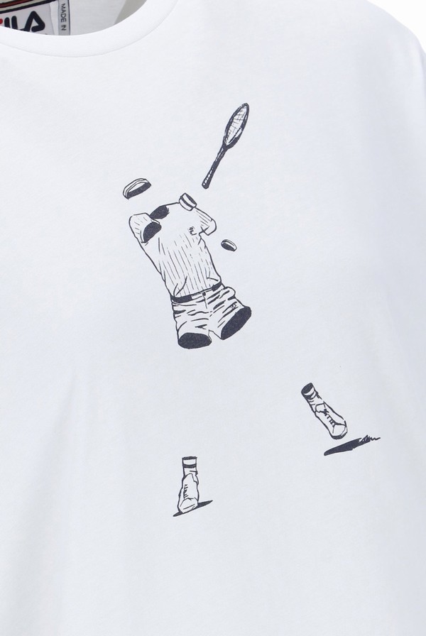 White Fila Tennis Player Graphic Men T-shirts | 1086EZDHK