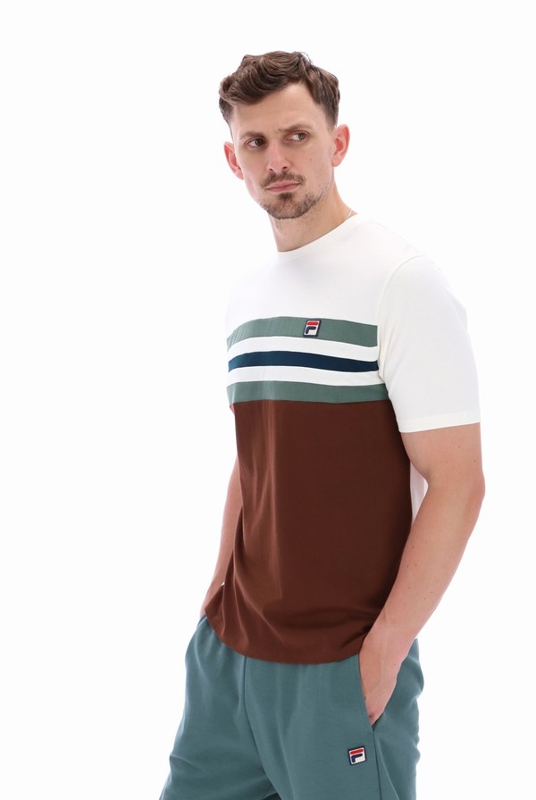 White / Brown Fila Justin Colour Blocked Men T-shirts | 9458JQYMP