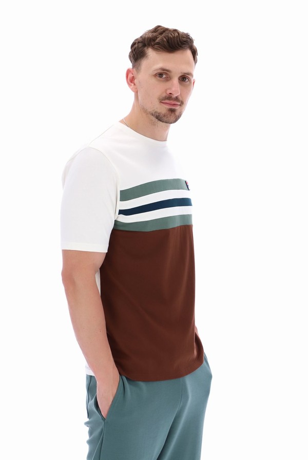 White / Brown Fila Justin Colour Blocked Men T-shirts | 9458JQYMP