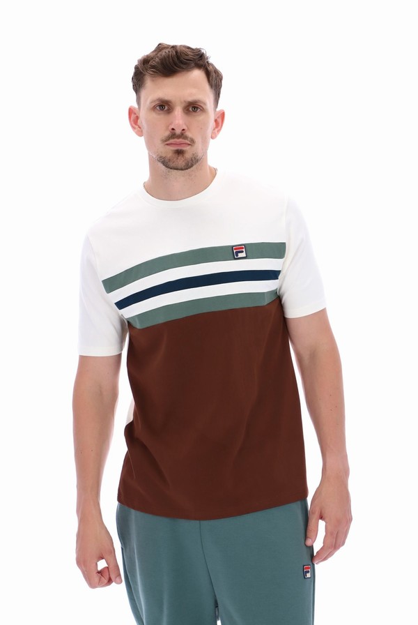 White / Brown Fila Justin Colour Blocked Men T-shirts | 9458JQYMP