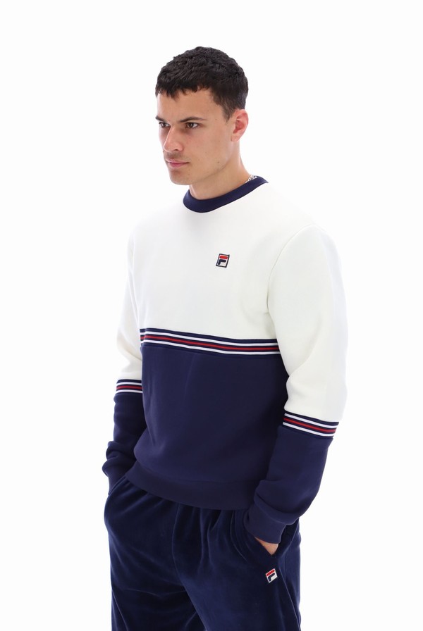 White / Navy Fila Attwood Colour Block Men Sweatshirts | 8265EHADC