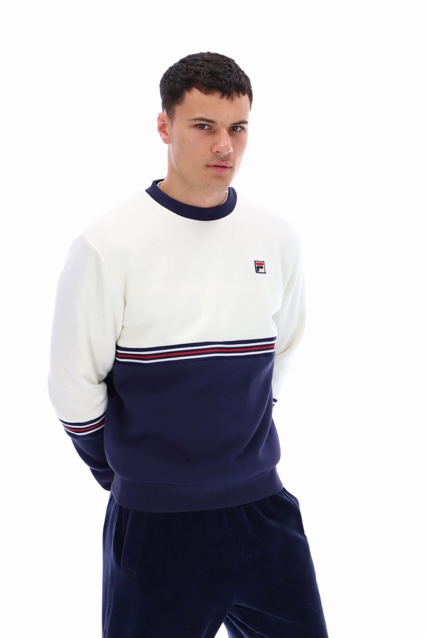 White / Navy Fila Attwood Colour Block Men Sweatshirts | 8265EHADC