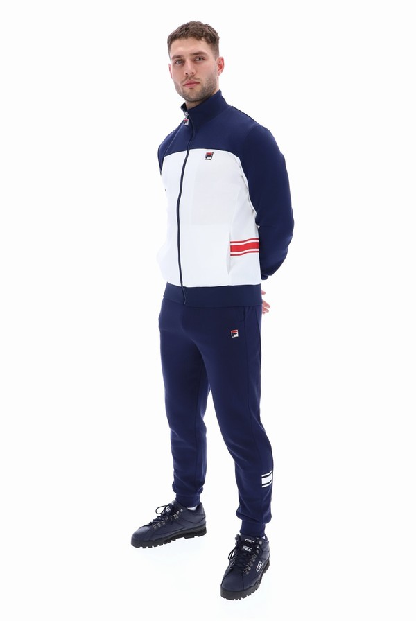 White / Navy Fila Gavin Colour Block Men Tracksuits | 5078ZWCDP