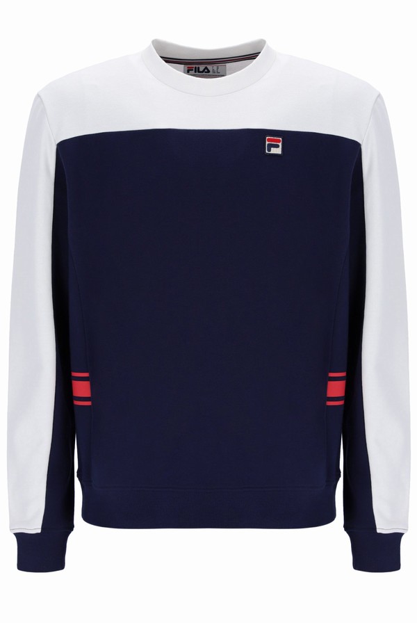 White / Navy Fila Matt Colour Block Men Sweatshirts | 9284KMAOY