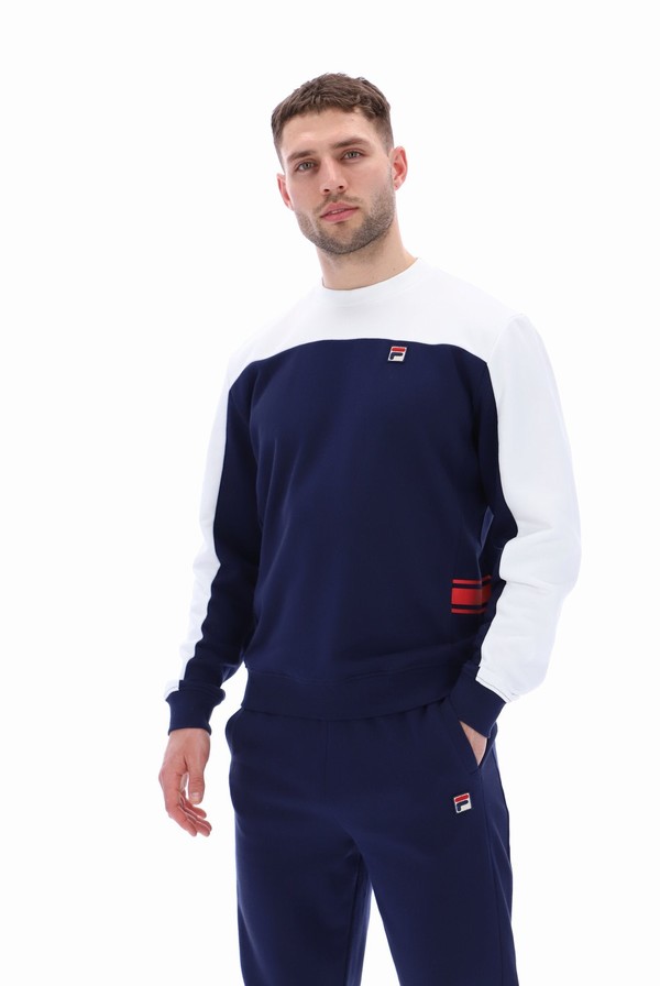 White / Navy Fila Matt Colour Block Men Sweatshirts | 9284KMAOY