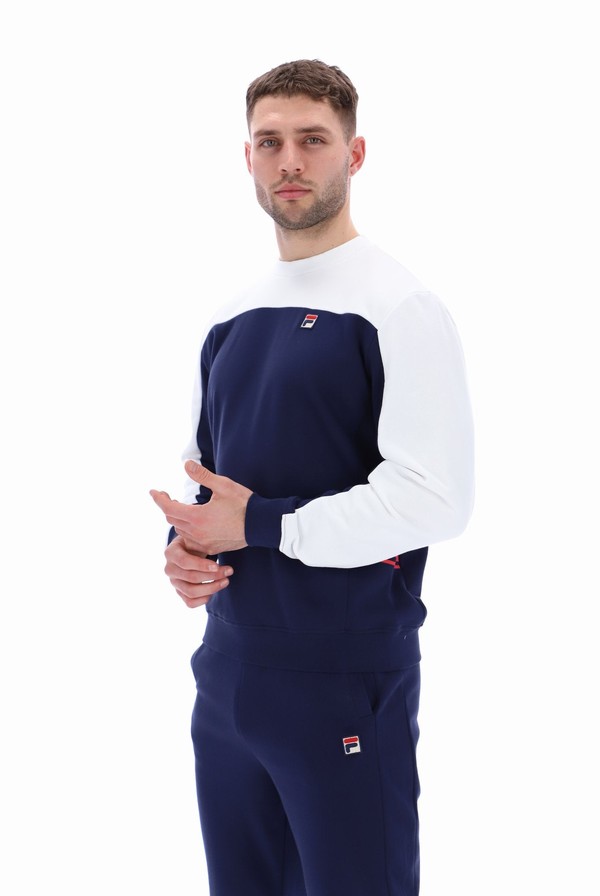 White / Navy Fila Matt Colour Block Men Sweatshirts | 9284KMAOY