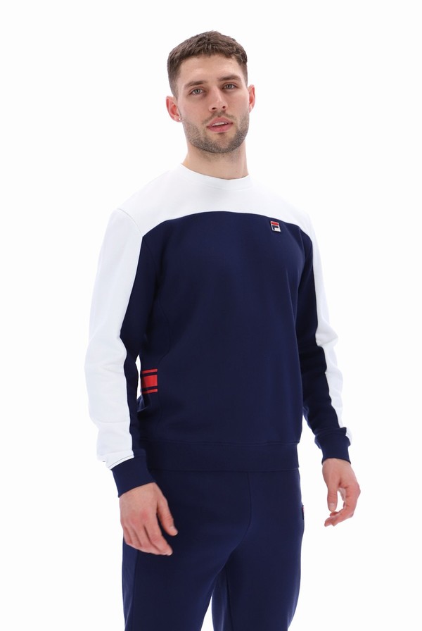 White / Navy Fila Matt Colour Block Men Sweatshirts | 9284KMAOY