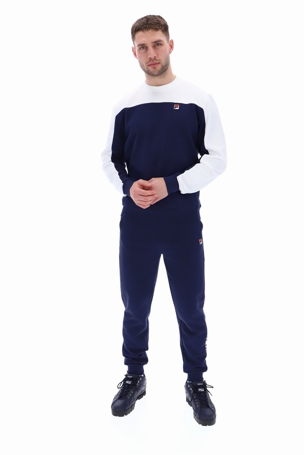 White / Navy Fila Matt Colour Block Men Sweatshirts | 9284KMAOY