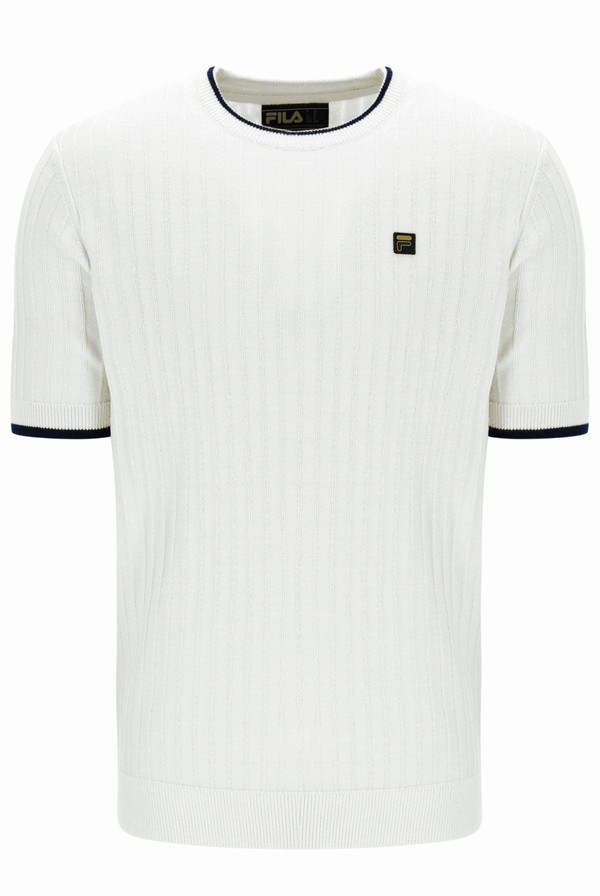 White / Navy Fila Musso BB1 Knitted Textured Men T-shirts | 3597JICLE