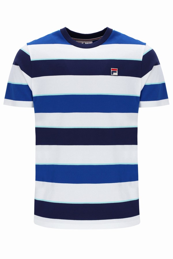 White / Navy / Light Blue / Blue Fila Jaxon Yarn Dye Striped Men T-shirts | 5934RCVDX