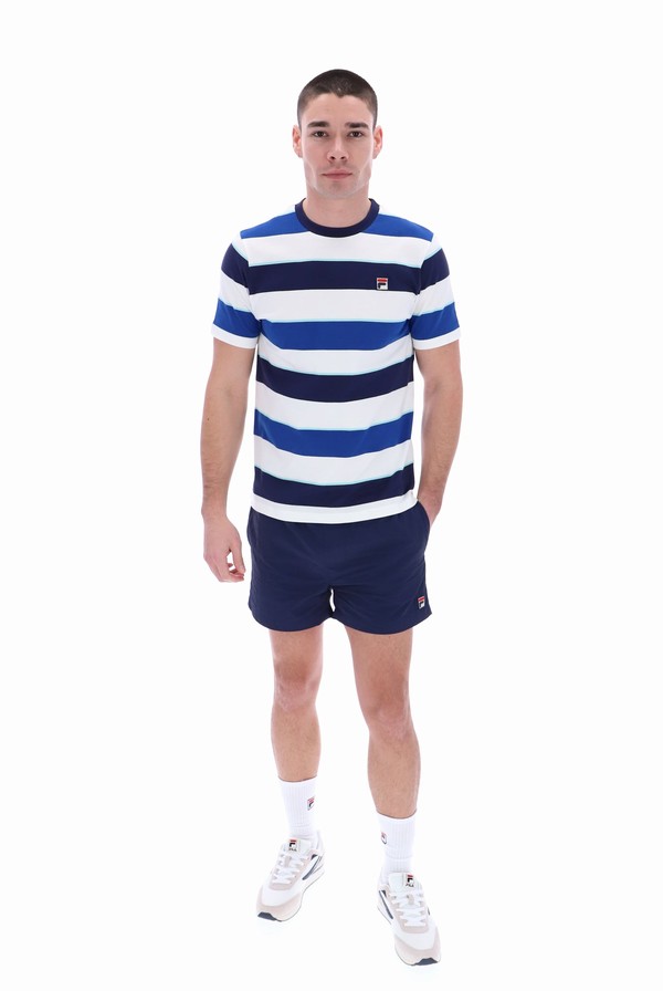 White / Navy / Light Blue / Blue Fila Jaxon Yarn Dye Striped Men T-shirts | 5934RCVDX