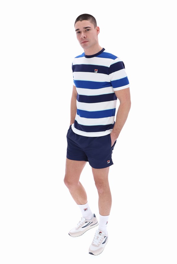 White / Navy / Light Blue / Blue Fila Jaxon Yarn Dye Striped Men T-shirts | 5934RCVDX