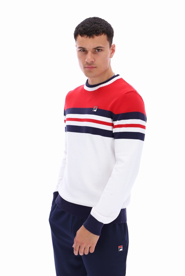 White / Red / Navy Fila Siro Knitted Crew Men Sweatshirts | 0398BUKOM