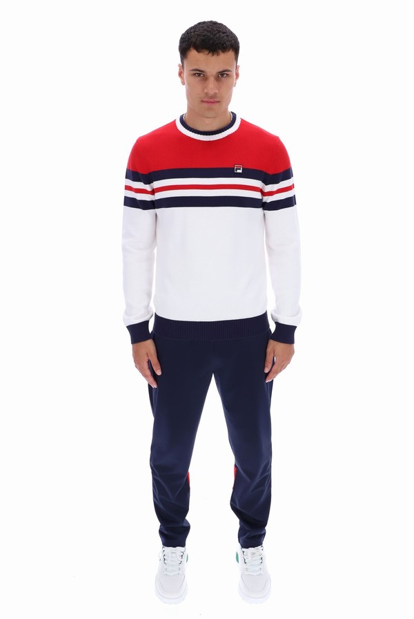 White / Red / Navy Fila Siro Knitted Crew Men Sweatshirts | 0398BUKOM