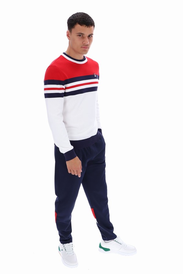 White / Red / Navy Fila Siro Knitted Crew Men Sweatshirts | 0398BUKOM