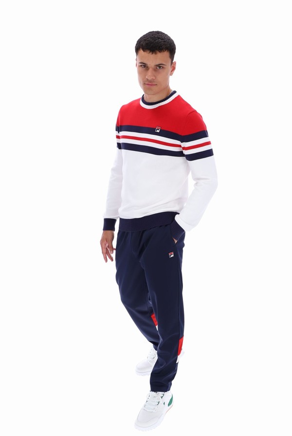 White / Red / Navy Fila Siro Knitted Crew Men Sweatshirts | 0398BUKOM