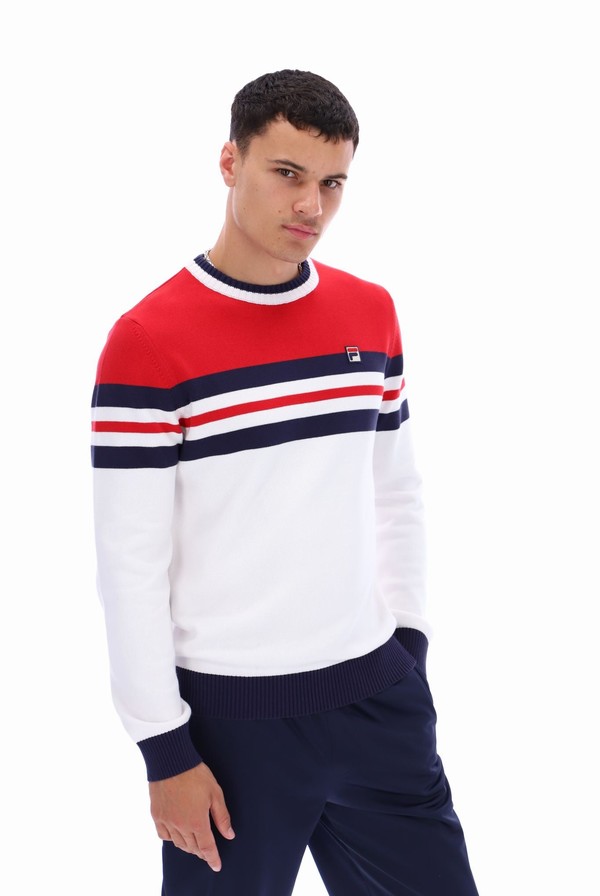 White / Red / Navy Fila Siro Knitted Crew Men Sweatshirts | 0398BUKOM