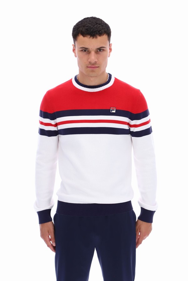 White / Red / Navy Fila Siro Knitted Crew Men Sweatshirts | 0398BUKOM