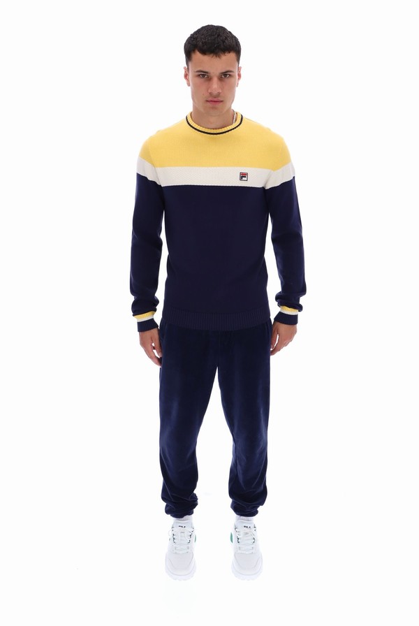 Yellow / White / Black Fila Alden Textured Knitted Colour Block Men Sweatshirts | 0431YGTBU