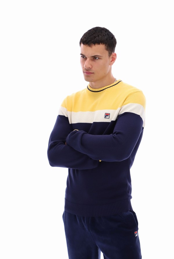 Yellow / White / Black Fila Alden Textured Knitted Colour Block Men Sweatshirts | 0431YGTBU